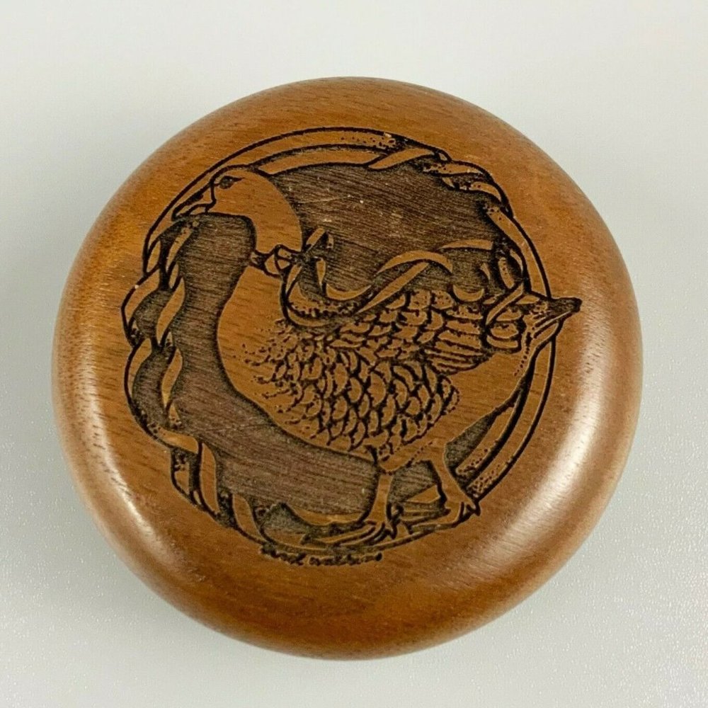 Vintage Wood Lidded Lined Round Trinket Ring Box